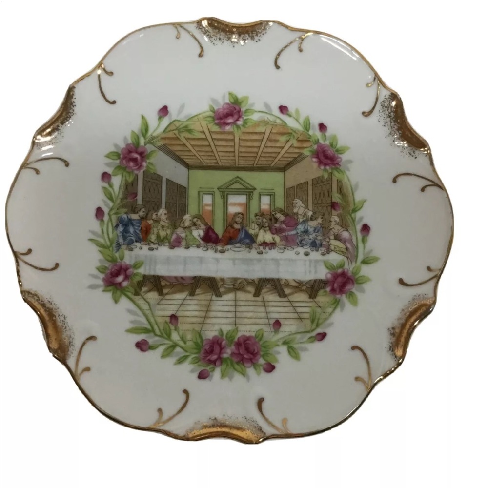 Last Supper Porcelain Vintage Decorative Plate Gold Trim Wall Hanging Upper Room
